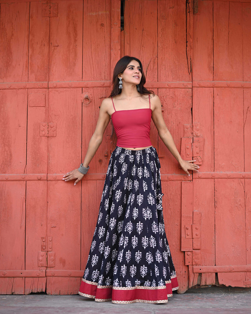 Khushal K Women's Black Printed Cotton Flared Maxi Skirt
