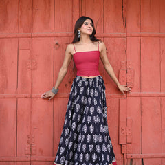 Khushal K Women's Black Printed Cotton Flared Maxi Skirt