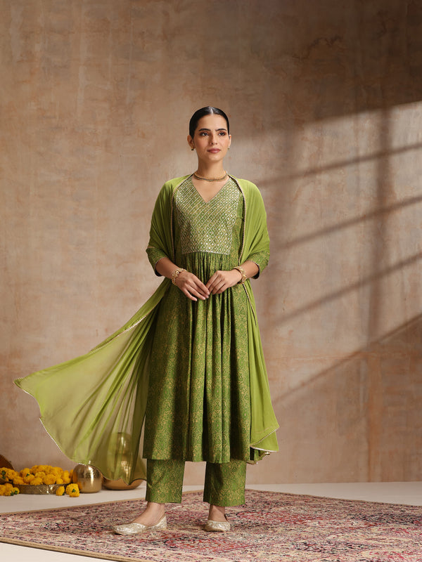 Women Ethnic Motifs Printed Sequinned Anarkali Kurta with Trousers & Dupatta