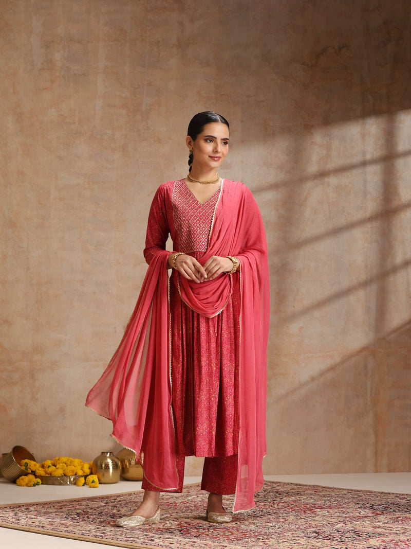 Rayon Anarkali Kurta Set featuring intricate  thread embroidery and a graceful, contrast Chiffon dupatta