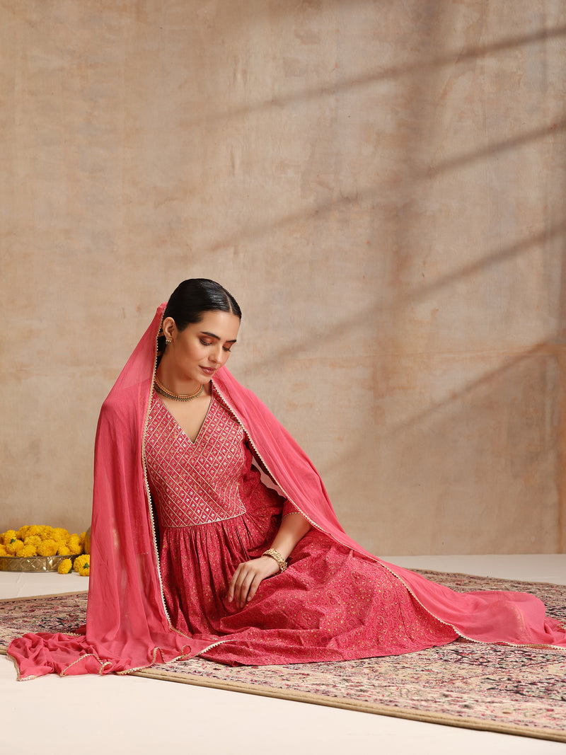 Rayon Anarkali Kurta Set featuring intricate  thread embroidery and a graceful, contrast Chiffon dupatta