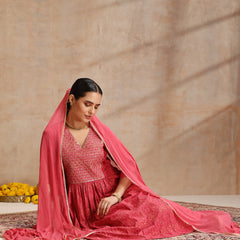Rayon Anarkali Kurta Set featuring intricate  thread embroidery and a graceful, contrast Chiffon dupatta