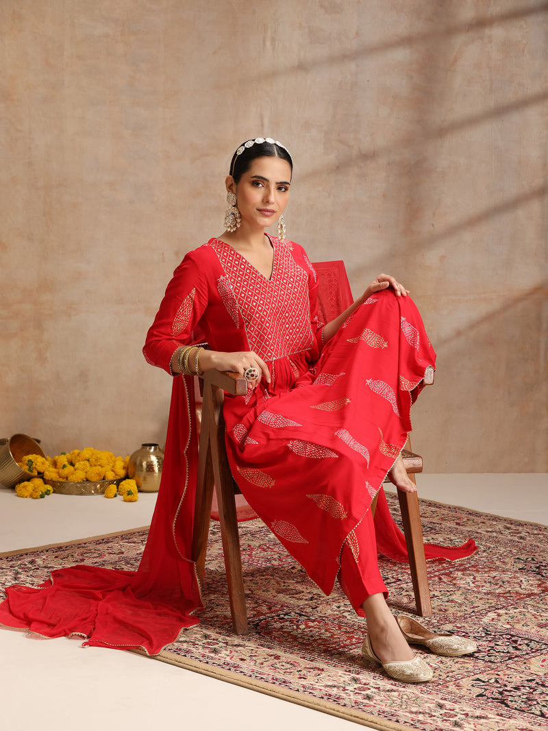 Red & Gold Printed Kurta with Trousers & Dupatta