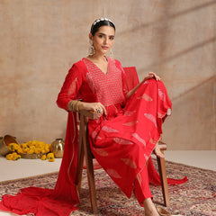 Red & Gold Printed Kurta with Trousers & Dupatta