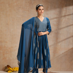 Ethnic Motifs Printed Thread Work Kurta With Trousers & Dupatta