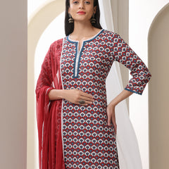 Floral Printed Notch-Neck Pure Cotton Kurta With Trousers And Dupatta