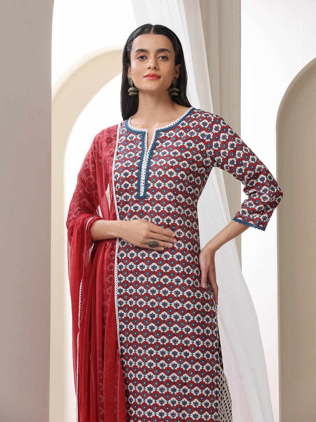 Floral Printed Notch-Neck Pure Cotton Kurta With Trousers And Dupatta