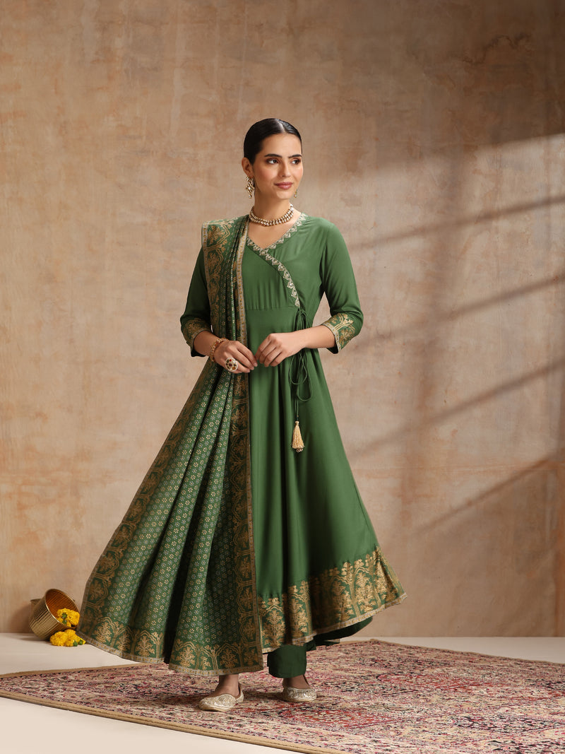 Women Solid Anarkali Kurta with Trousers & Dupatta