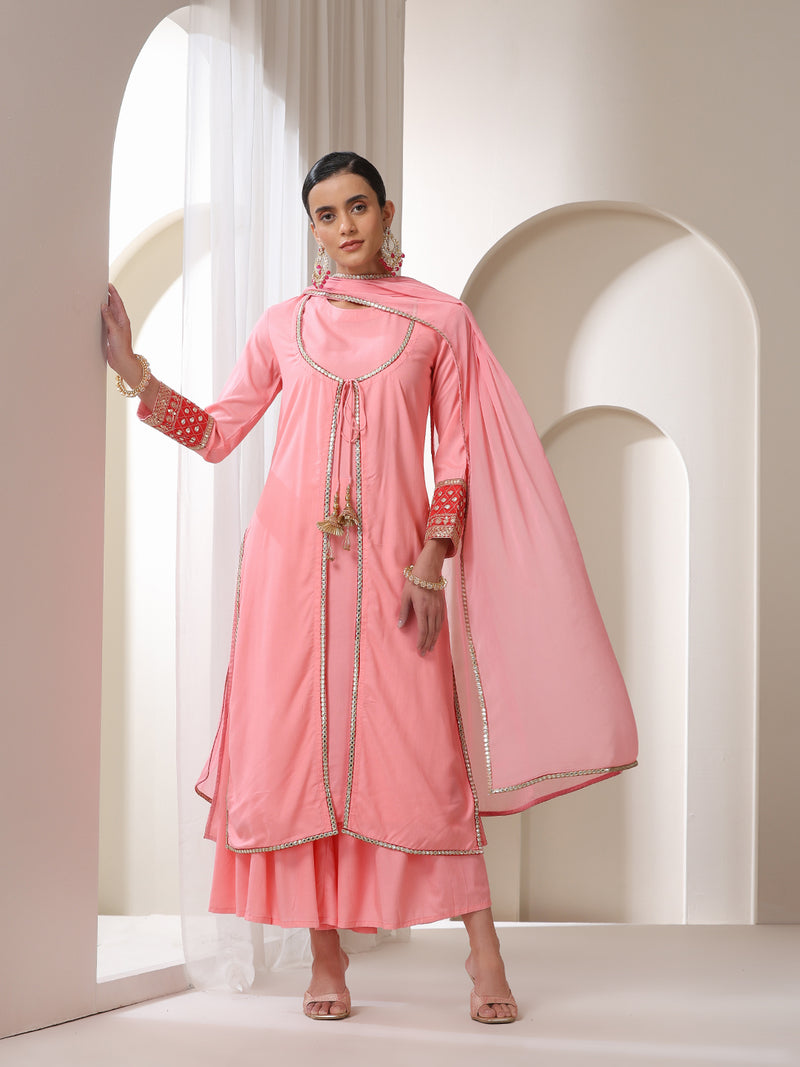 Floral Embroidered Sequinned Jacket Straight Kurta With Palazzos & Dupatta