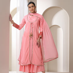 Floral Embroidered Sequinned Jacket Straight Kurta With Palazzos & Dupatta