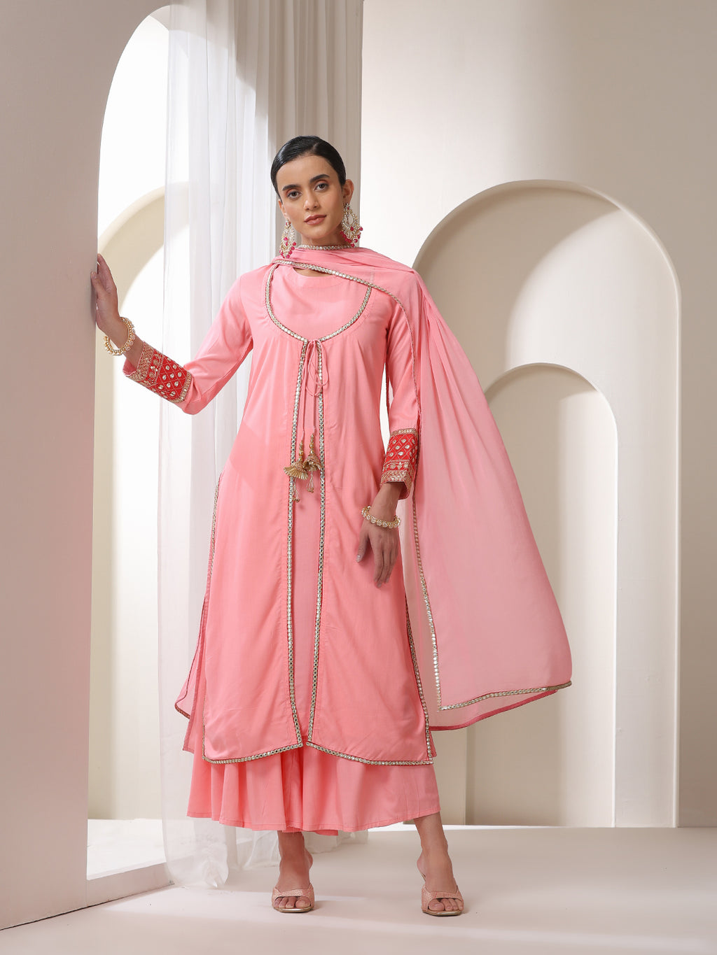 Floral Embroidered Sequinned Jacket Straight Kurta With Palazzos & Dupatta