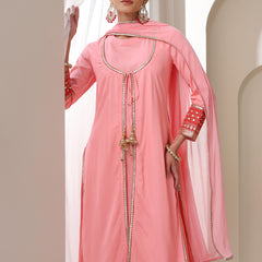 Floral Embroidered Sequinned Jacket Straight Kurta With Palazzos & Dupatta