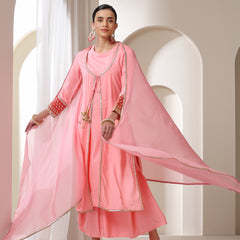Floral Embroidered Sequinned Jacket Straight Kurta With Palazzos & Dupatta