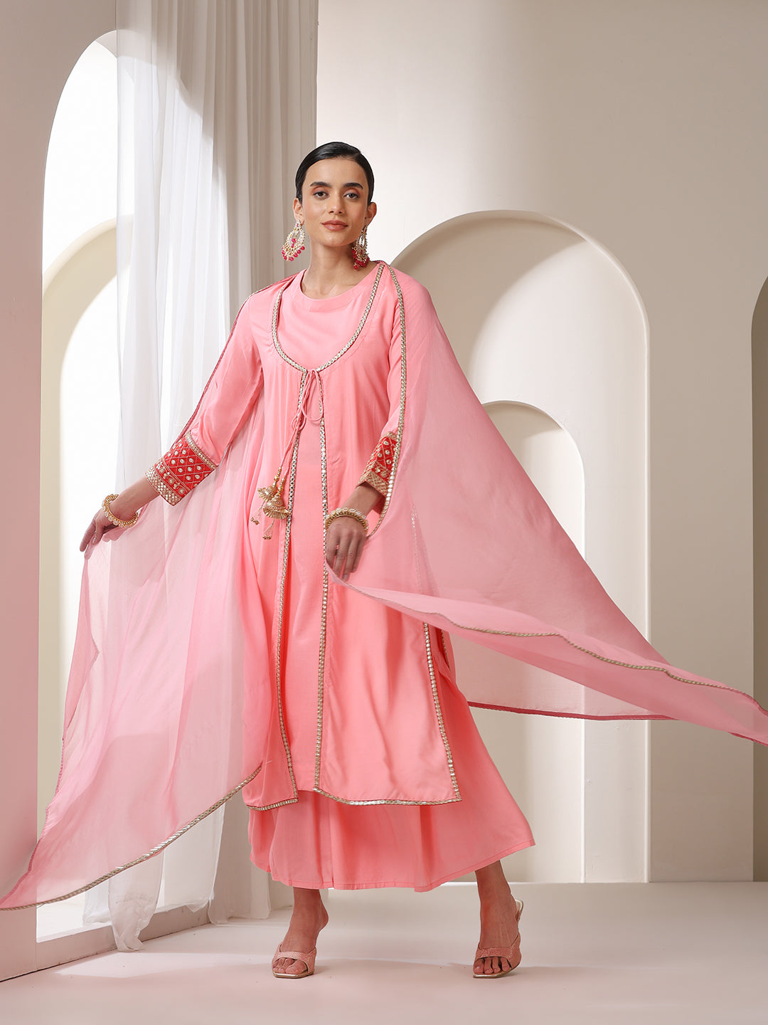 Floral Embroidered Sequinned Jacket Straight Kurta With Palazzos & Dupatta