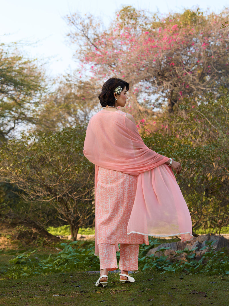Khushal K Women Printed Regular Pure Cotton peach Kurta & Palazzo With Dupatta