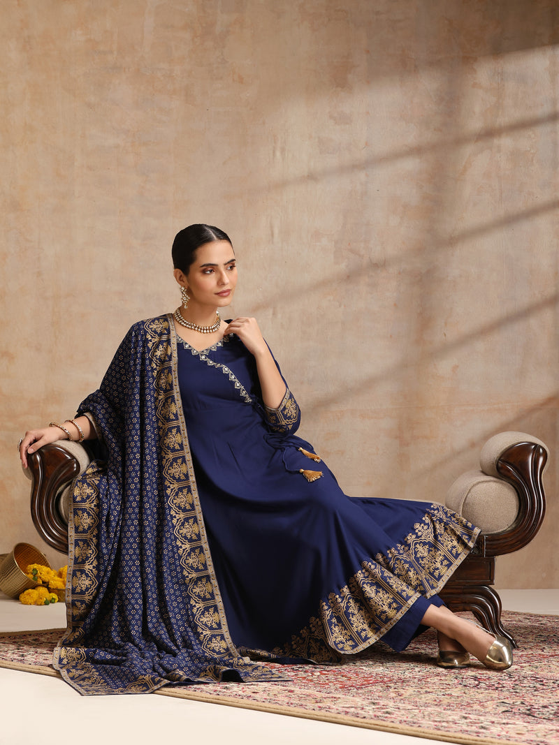 Women’s Ethnic Embroidered Angrakha Kurta Set with Trousers and Dupatta