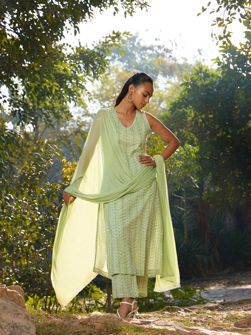Khushal K Women Printed Regular Pure Cotton green Kurta & Palazzo With Dupatta
