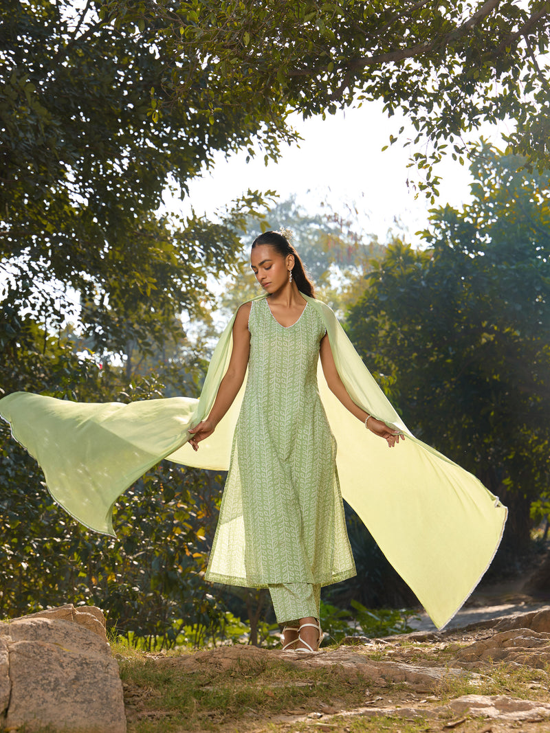 Khushal K Women Printed Regular Pure Cotton green Kurta & Palazzo With Dupatta