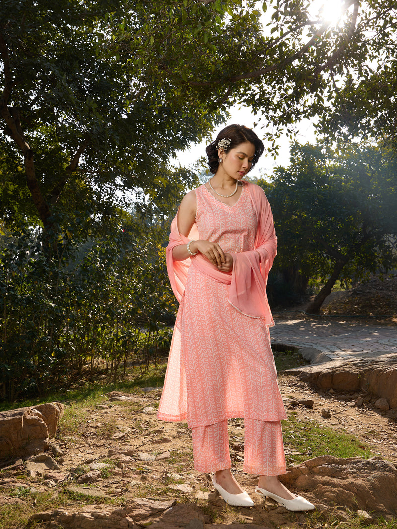 Khushal K Women Printed Regular Pure Cotton peach Kurta & Palazzo With Dupatta