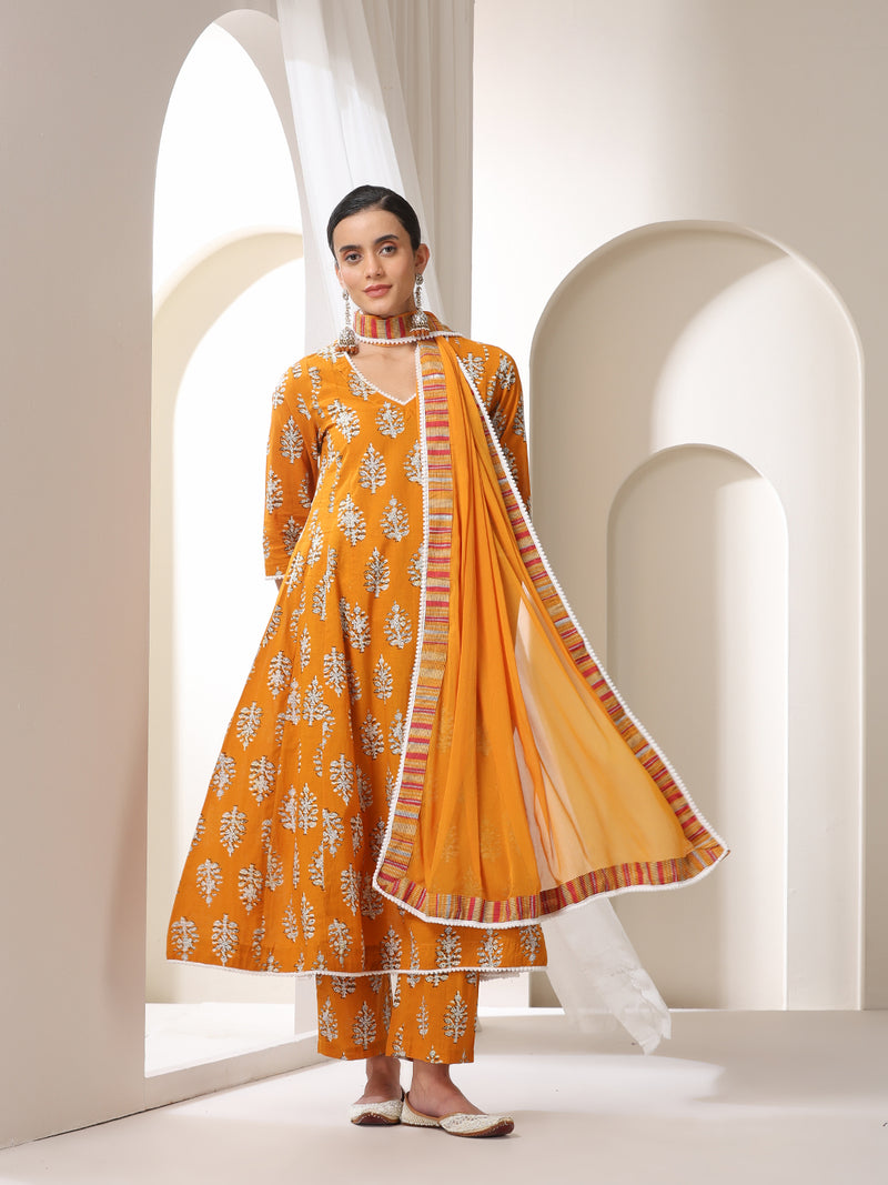 Women Floral Printed Regular Pure Cotton Kurta with Palazzos & With Dupatta