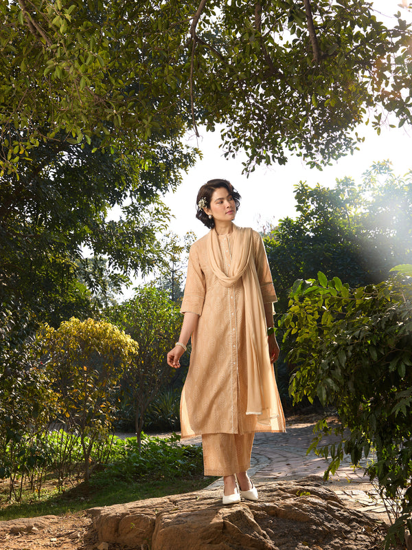 Khushal K Women Printed Regular Pure Cotton brown Kurta & Palazzo With Dupatta