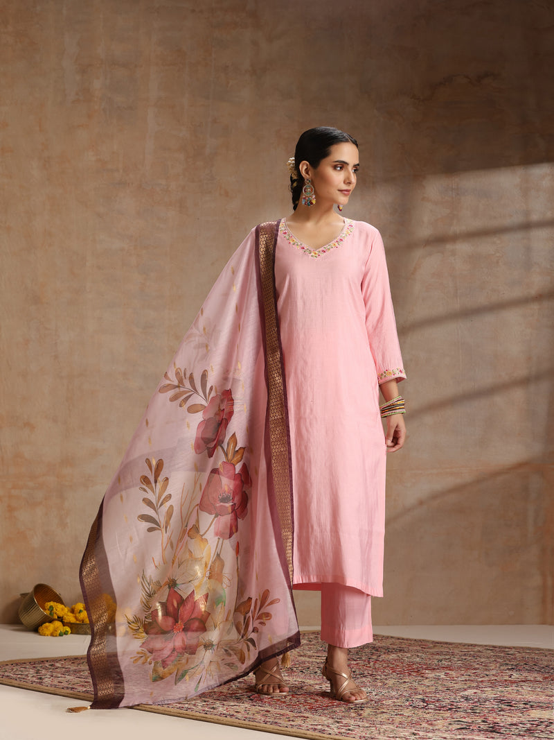 Khushal K Women Pure Silk pink Embroidered Kurta & Palazzo With Dupatta