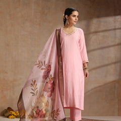 Khushal K Women Pure Silk pink Embroidered Kurta & Palazzo With Dupatta