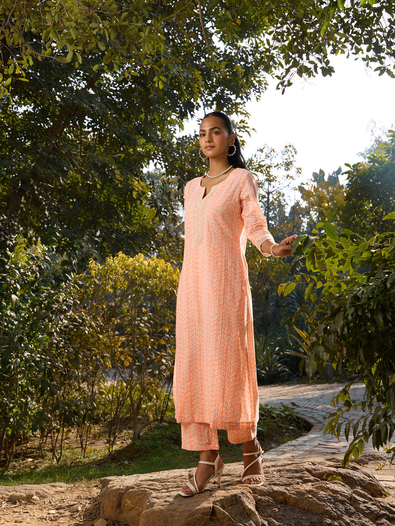 Khushal K Women Printed Regular Pure Cotton peach Kurta & Palazzo With Dupatta
