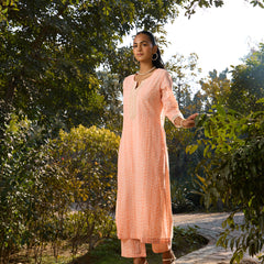 Khushal K Women Printed Regular Pure Cotton peach Kurta & Palazzo With Dupatta