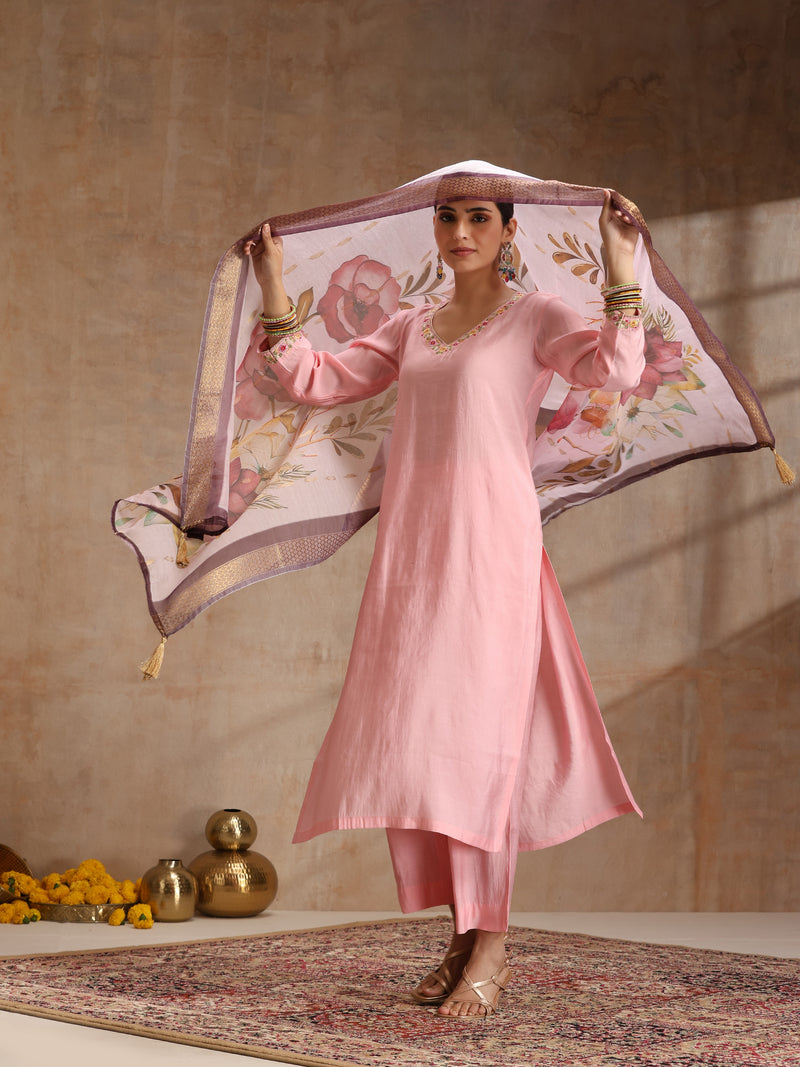 Khushal K Women Pure Silk pink Embroidered Kurta & Palazzo With Dupatta