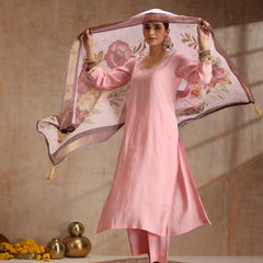 Khushal K Women Pure Silk pink Embroidered Kurta & Palazzo With Dupatta