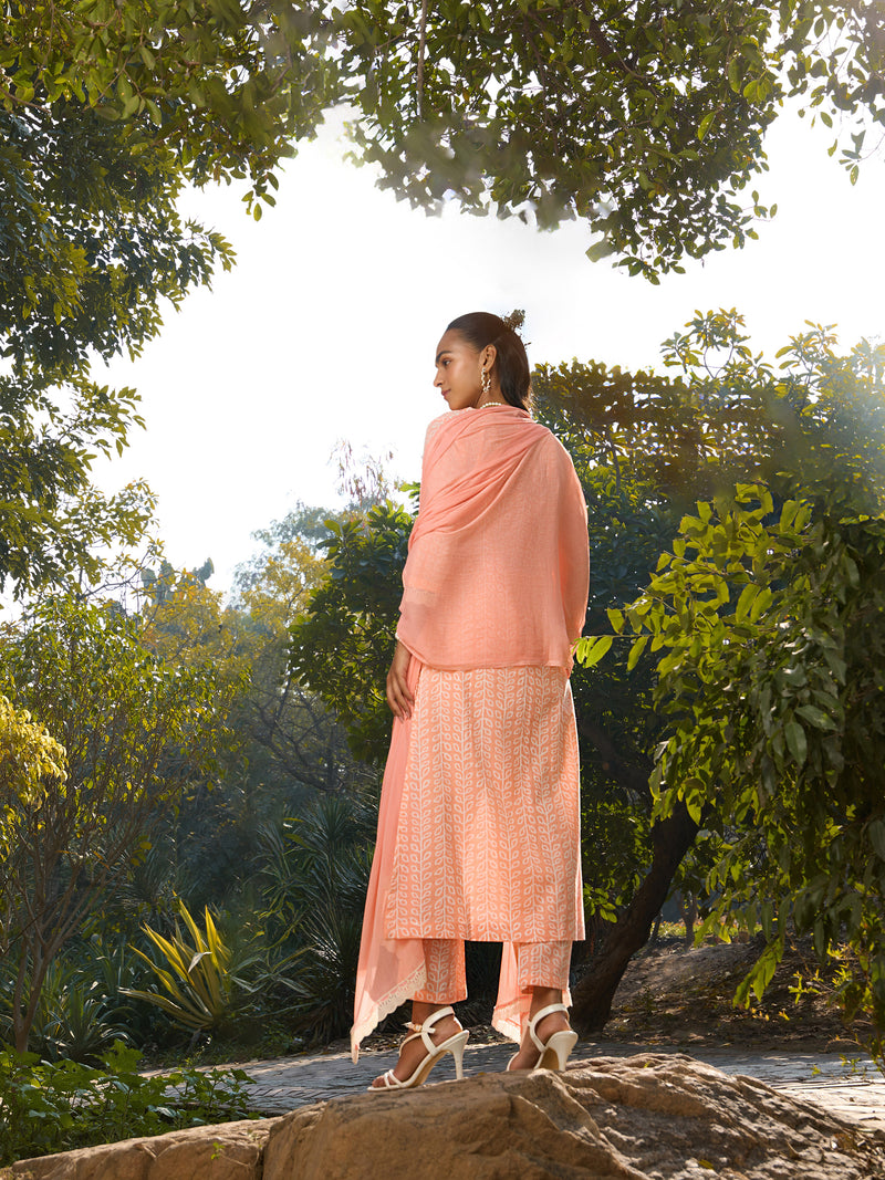 Khushal K Women Printed Regular Pure Cotton peach Kurta & Palazzo With Dupatta