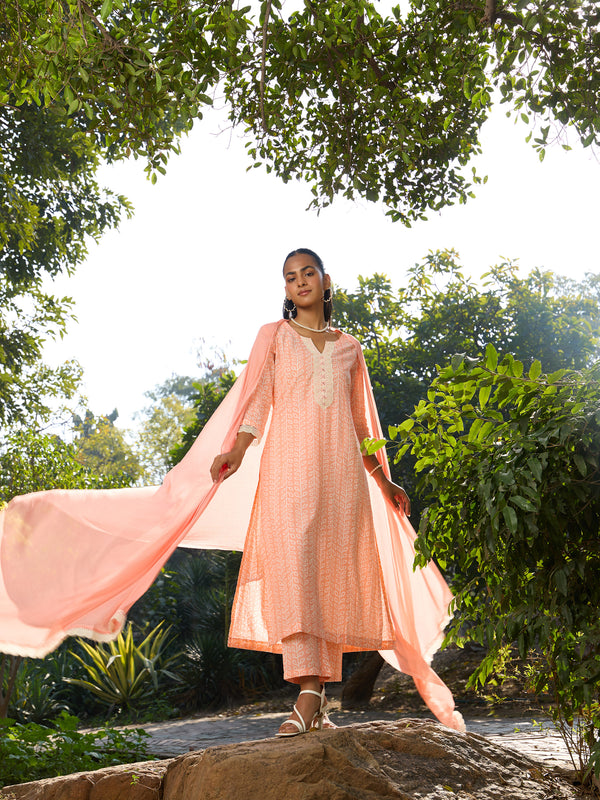 Khushal K Women Printed Regular Pure Cotton peach Kurta & Palazzo With Dupatta