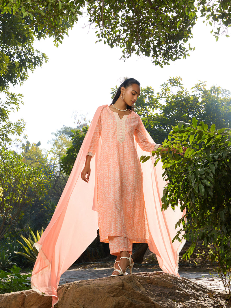 Khushal K Women Printed Regular Pure Cotton peach Kurta & Palazzo With Dupatta