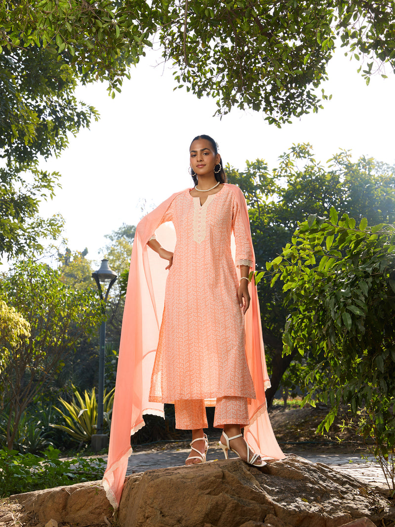 Khushal K Women Printed Regular Pure Cotton peach Kurta & Palazzo With Dupatta