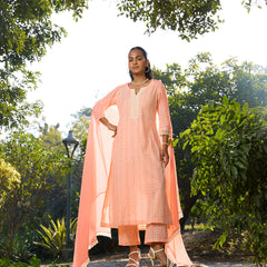 Khushal K Women Printed Regular Pure Cotton peach Kurta & Palazzo With Dupatta