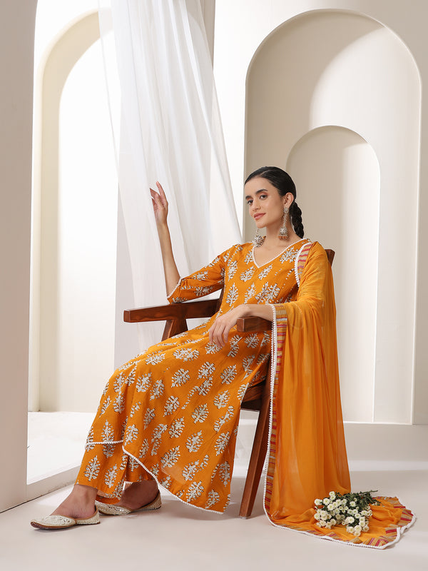 Women Floral Printed Regular Pure Cotton Kurta with Palazzos & With Dupatta