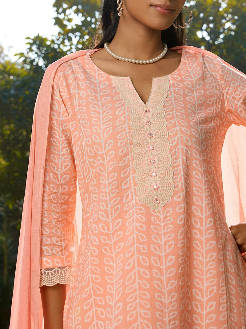 Khushal K Women Printed Regular Pure Cotton peach Kurta & Palazzo With Dupatta