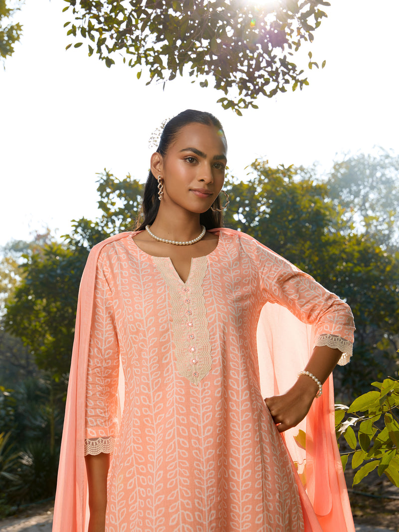 Khushal K Women Printed Regular Pure Cotton peach Kurta & Palazzo With Dupatta