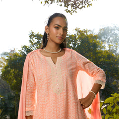 Khushal K Women Printed Regular Pure Cotton peach Kurta & Palazzo With Dupatta