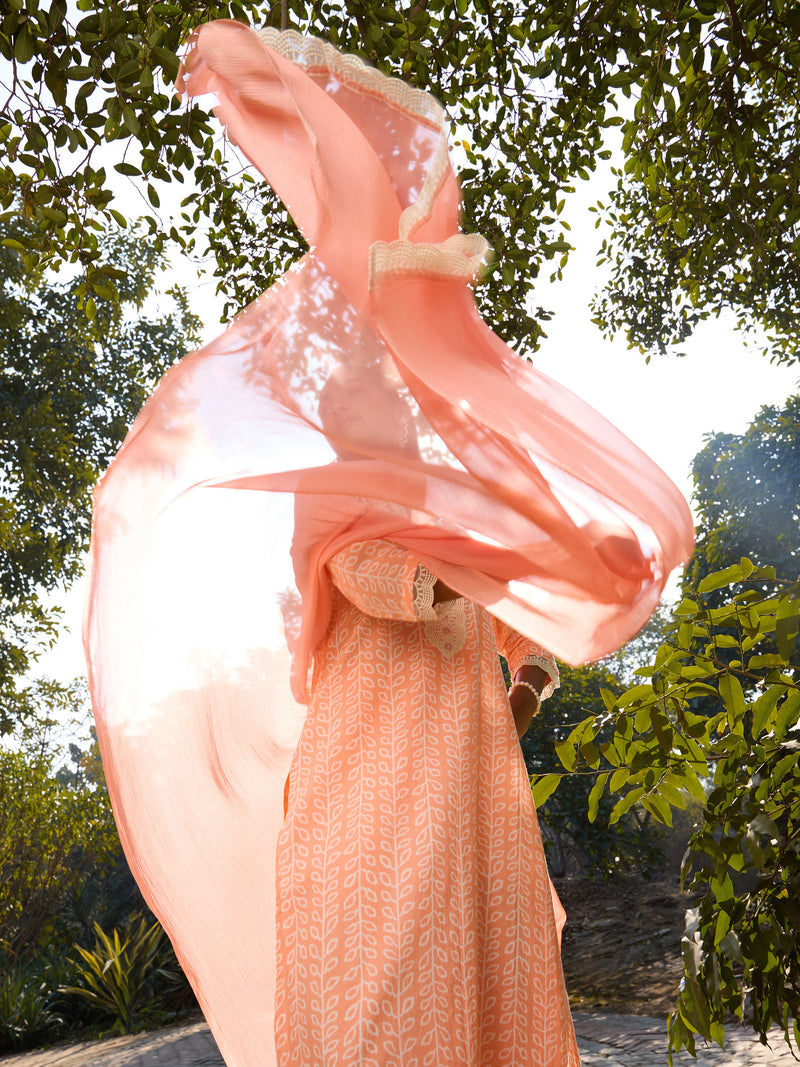 Khushal K Women Printed Regular Pure Cotton peach Kurta & Palazzo With Dupatta
