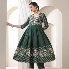 Floral Yoke Design V-Neck Pleated Anarkali Kurta With Palazzos & Dupatta