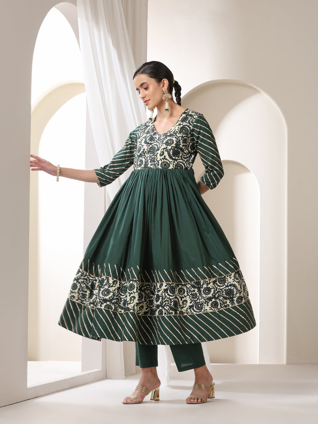 Floral Yoke Design V-Neck Pleated Anarkali Kurta With Palazzos & Dupatta