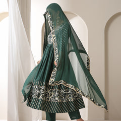 Floral Yoke Design V-Neck Pleated Anarkali Kurta With Palazzos & Dupatta