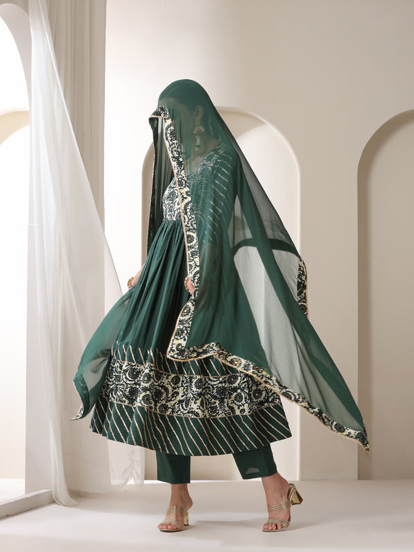 Floral Yoke Design V-Neck Pleated Anarkali Kurta With Palazzos & Dupatta