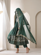 Floral Yoke Design V-Neck Pleated Anarkali Kurta With Palazzos & Dupatta