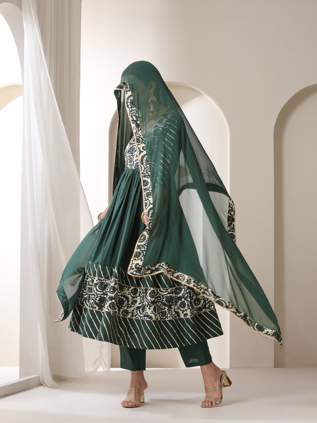 Floral Yoke Design V-Neck Pleated Anarkali Kurta With Palazzos & Dupatta