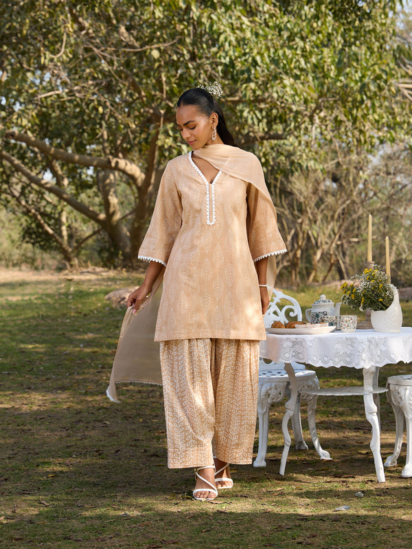 Khushal K Women Printed Regular Pure Cotton brown Kurta & Farsi Salwar With Dupatta