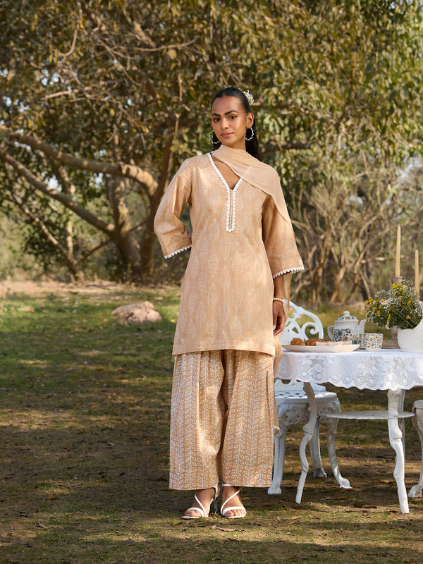 Khushal K Women Printed Regular Pure Cotton brown Kurta & Farsi Salwar With Dupatta