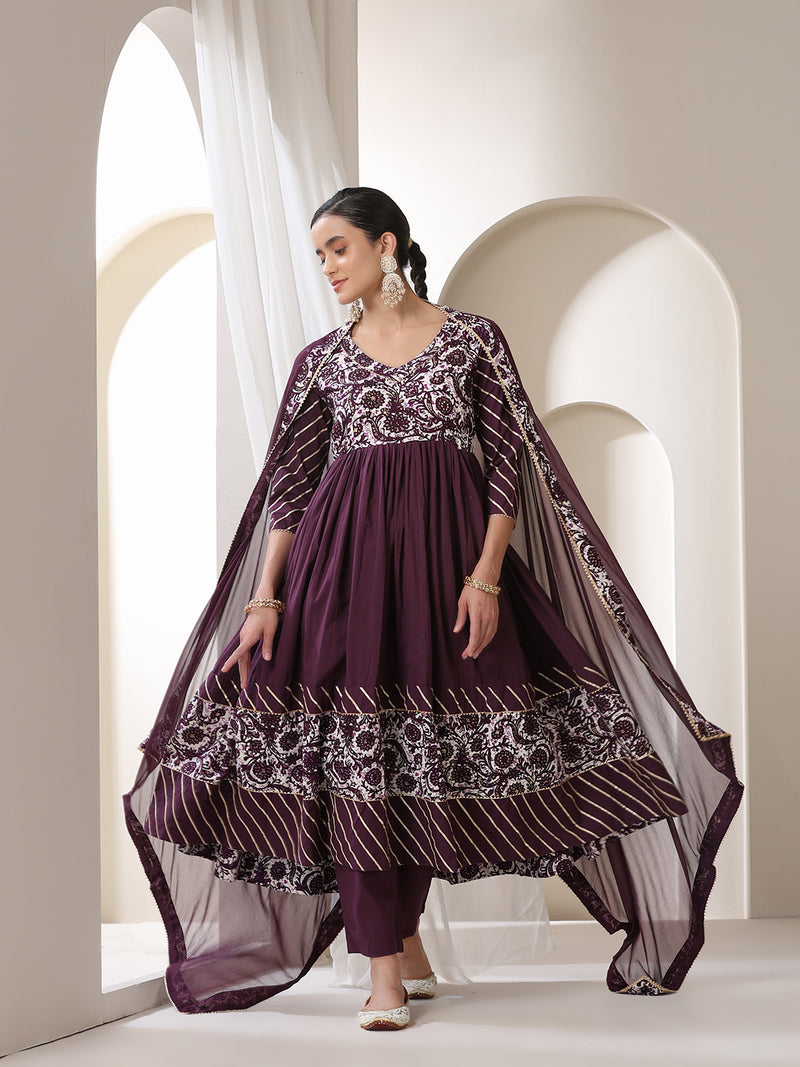 Khushal K Floral Printed Empire V Neck Gotta Patti Anarkali Kurta set